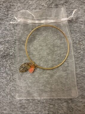 Gold Leaf Charm Bangle with Coral Pink Teardrop Charm